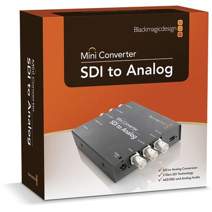 Blackmagic Design Mini Converter SDI to Analog retail box with product photo on orange and brown packaging