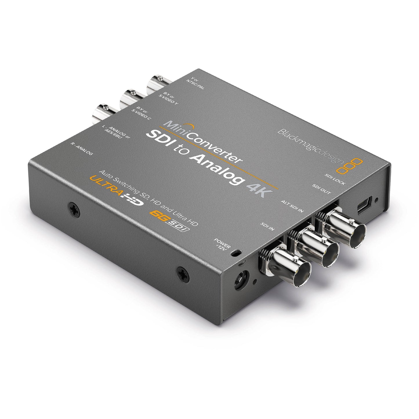 Blackmagic Design Mini Converter SDI to Analog 4K angled view showing BNC connectors and labeled top panel
