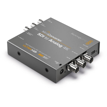 Blackmagic Design Mini Converter SDI to Analog 4K angled view showing BNC connectors and labeled top panel