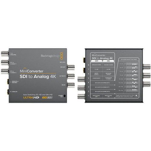 Blackmagic Design Mini Converter SDI to Analog 4K top and underside views with switch settings chart