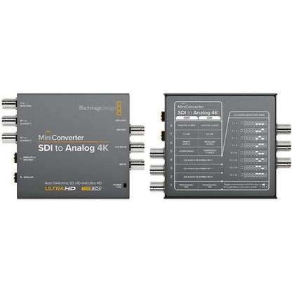 Blackmagic Design Mini Converter SDI to Analog 4K top and underside views with switch settings chart