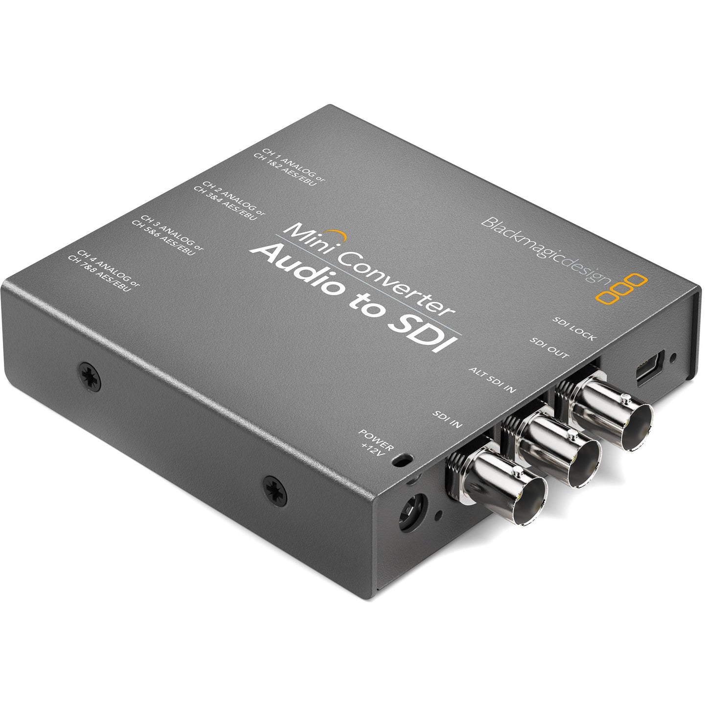 Blackmagic Design Mini Converter Audio to SDI angled view showing BNC connectors and labeled top panel