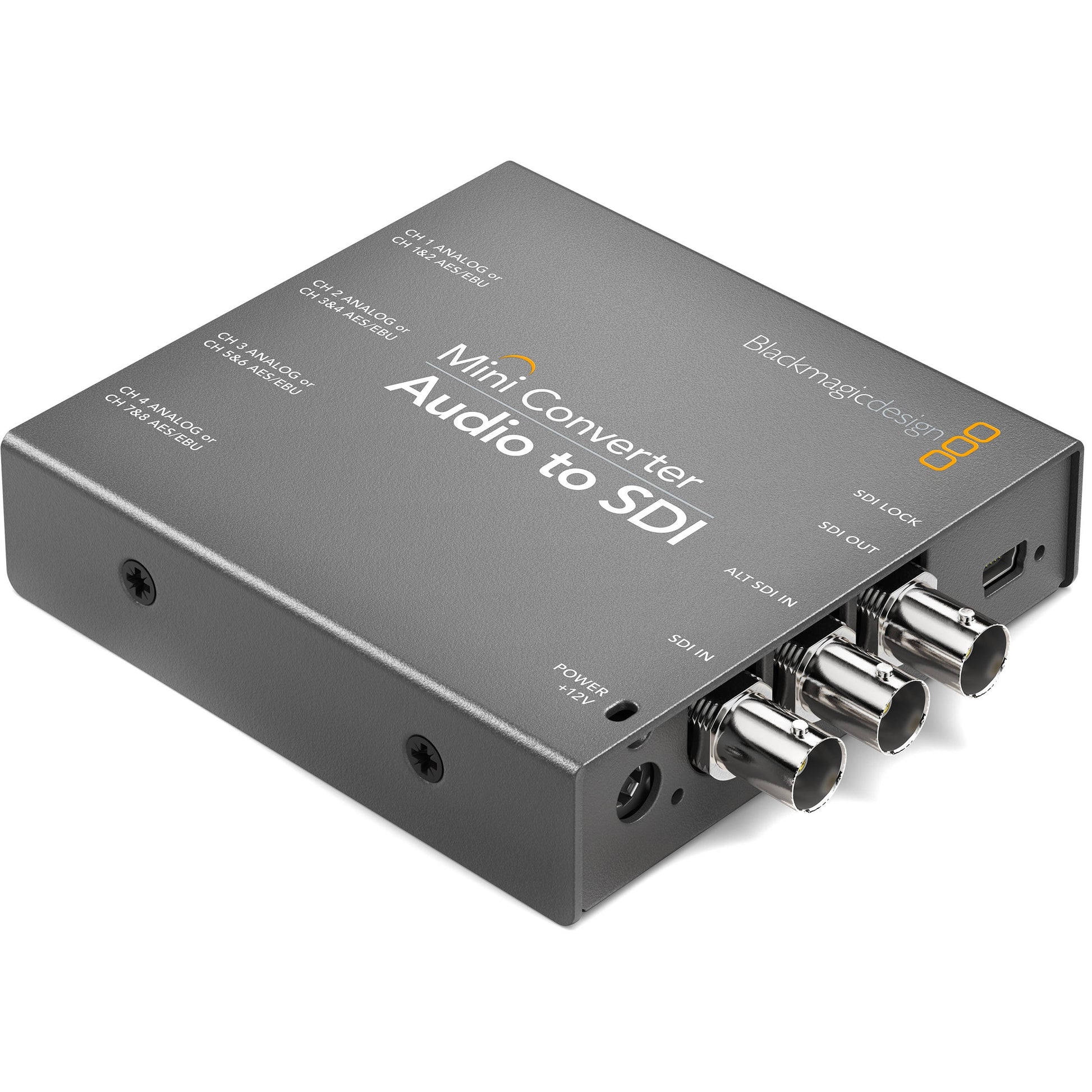 Blackmagic Design Mini Converter Audio to SDI angled view showing BNC connectors and labeled top panel