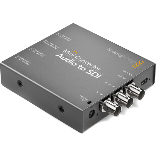 Blackmagic Design Mini Converter Audio to SDI angled view showing BNC connectors and labeled top panel