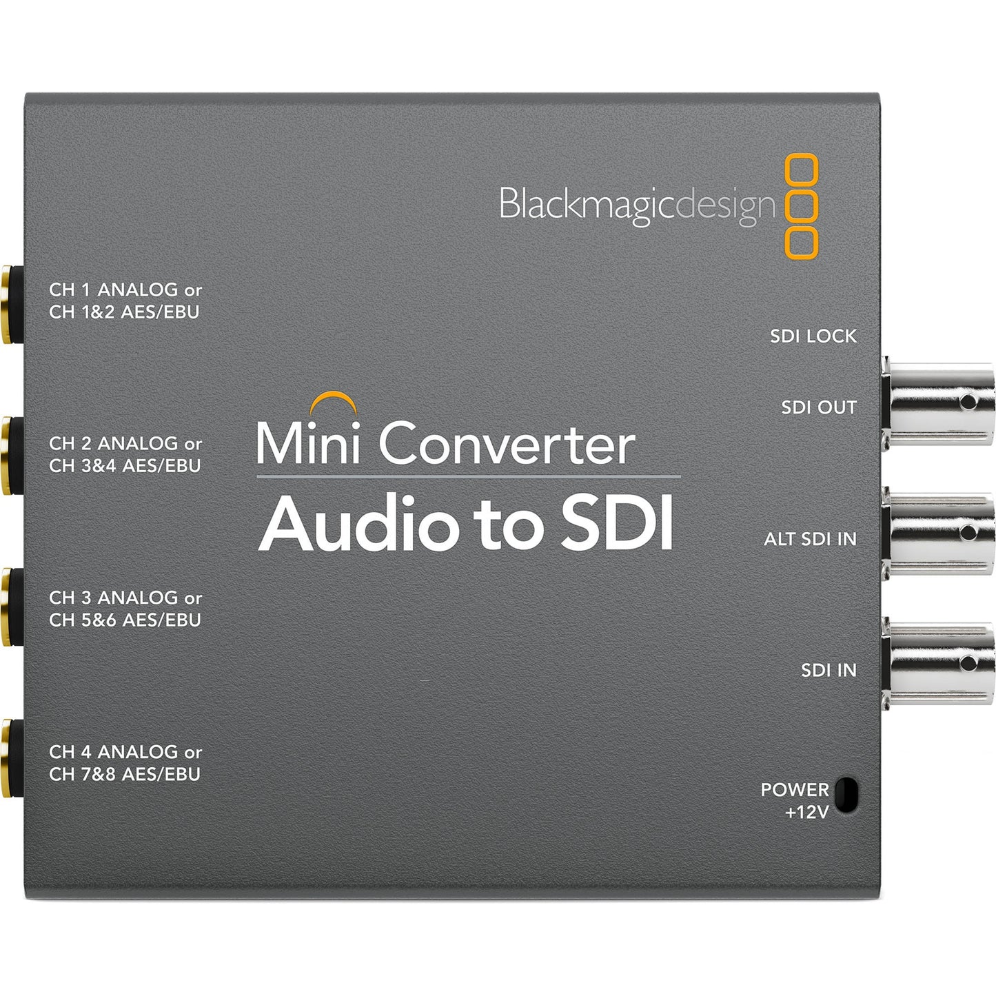 Blackmagic Design Mini Converter Audio to SDI top view with analog audio inputs and BNC SDI in and out