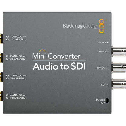 Blackmagic Design Mini Converter Audio to SDI top view with analog audio inputs and BNC SDI in and out