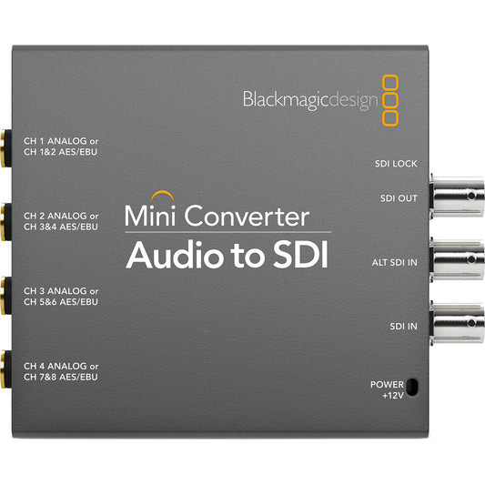 Blackmagic Design Mini Converter Audio to SDI top view with analog audio inputs and BNC SDI in and out