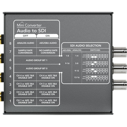 Blackmagic Design Mini Converter Audio to SDI underside switch settings chart for SDI audio selection