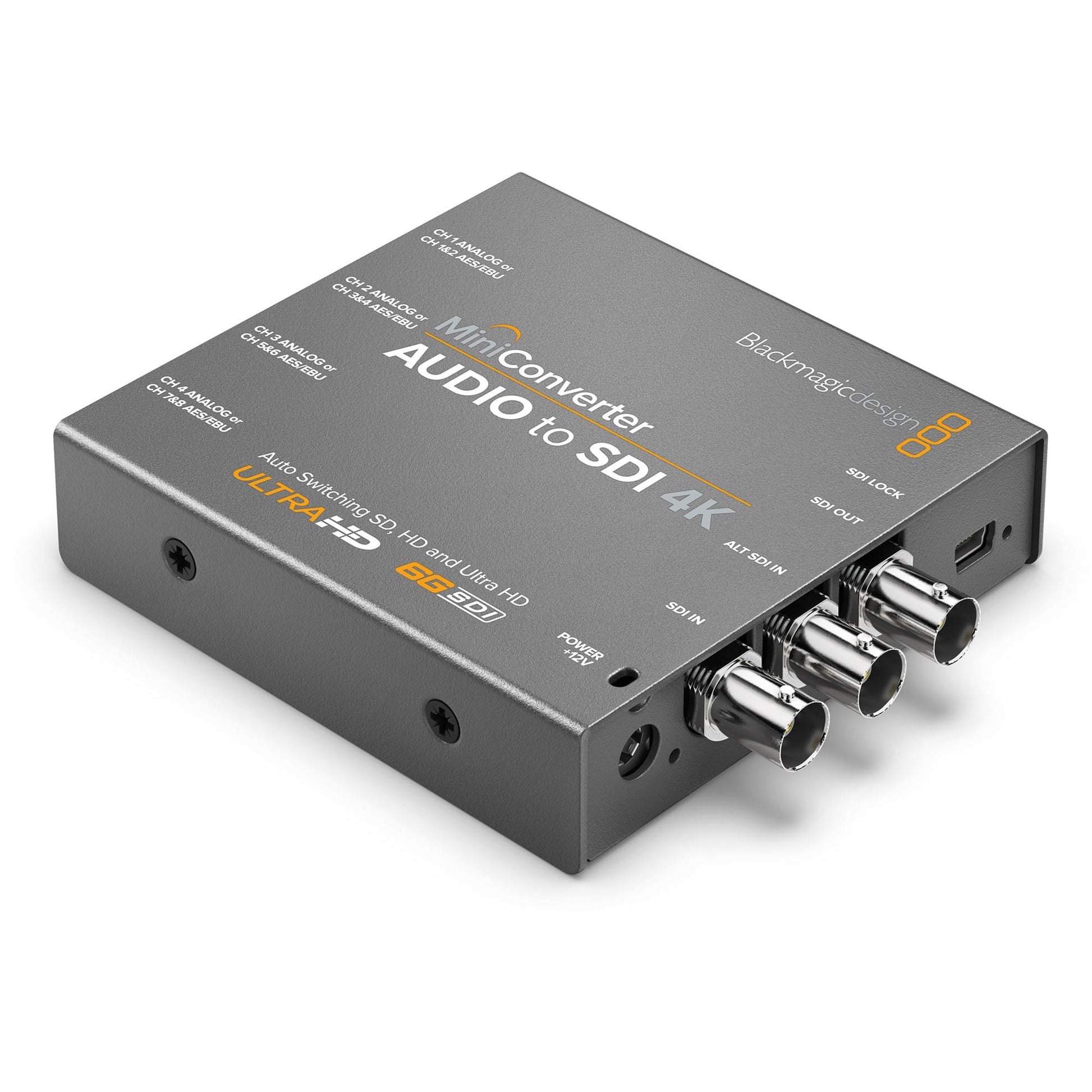 Blackmagic Design Mini Converter Audio to SDI 4K angled view showing BNC connectors and labeled top panel