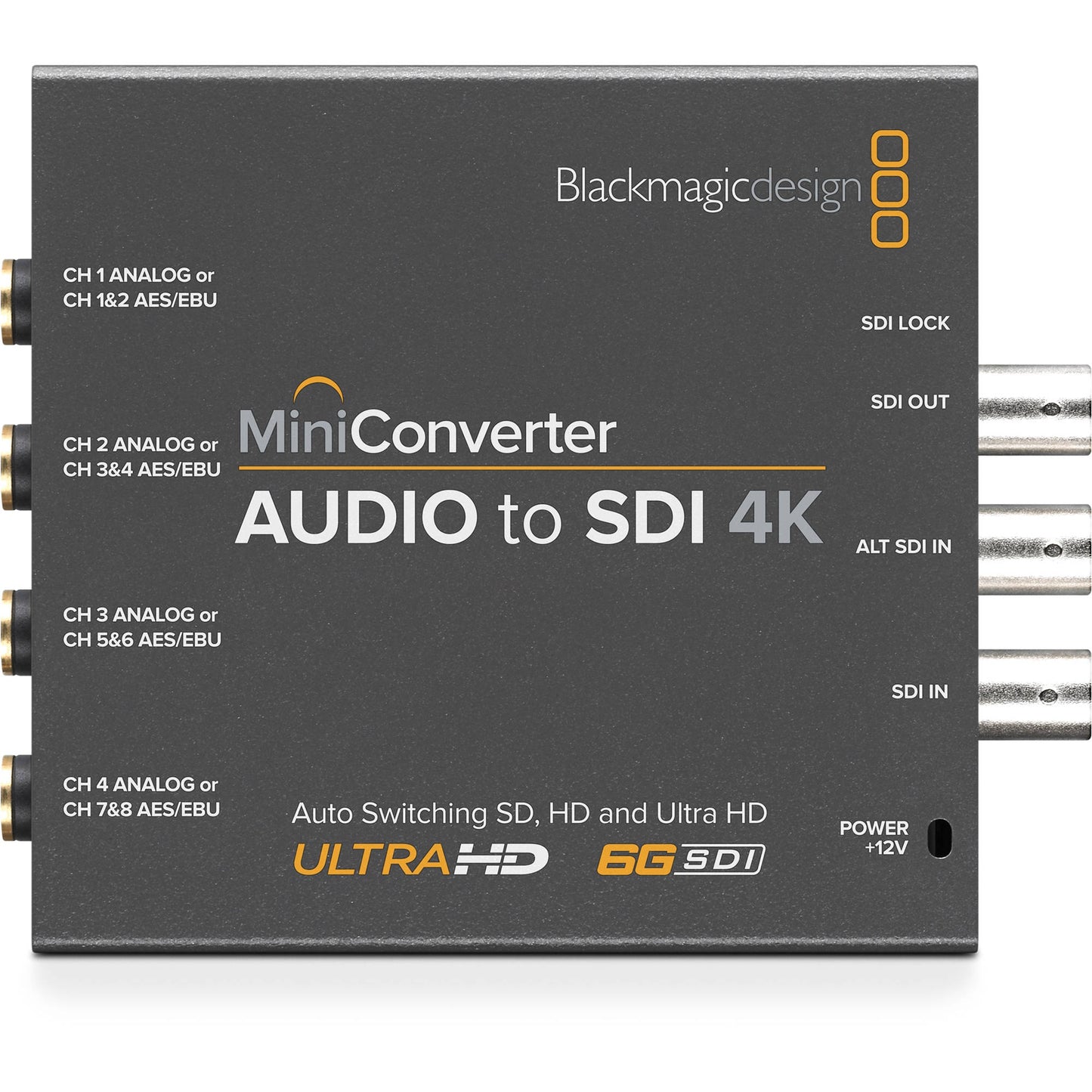 Blackmagic Design Mini Converter Audio to SDI 4K top view with analog and AES/EBU audio inputs and SDI BNC jacks