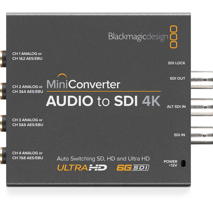 Blackmagic Design Mini Converter Audio to SDI 4K top view with analog and AES/EBU audio inputs and SDI BNC jacks
