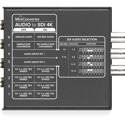Blackmagic Design Mini Converter Audio to SDI 4K underside switch settings chart for SDI audio selection