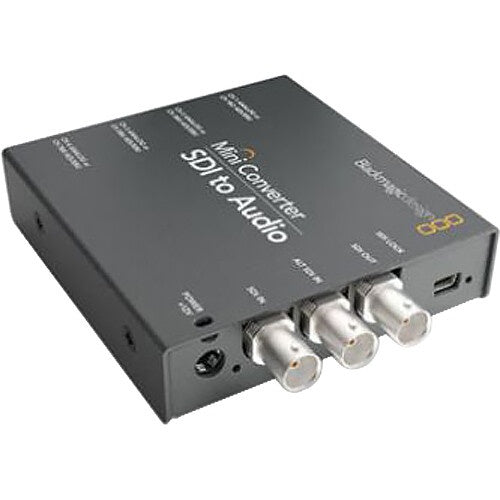 Blackmagic Design Mini Converter SDI to Audio angled view showing BNC SDI connectors and power input