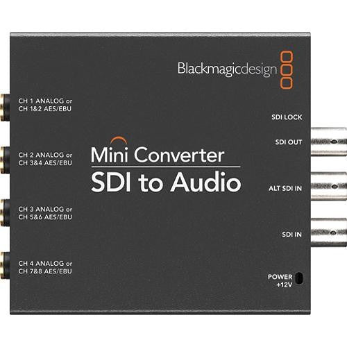 Blackmagic Design Mini Converter SDI to Audio top view with labeled analog and AES/EBU channel outputs