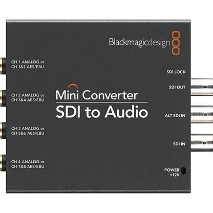 Blackmagic Design Mini Converter SDI to Audio top view with labeled analog and AES/EBU channel outputs