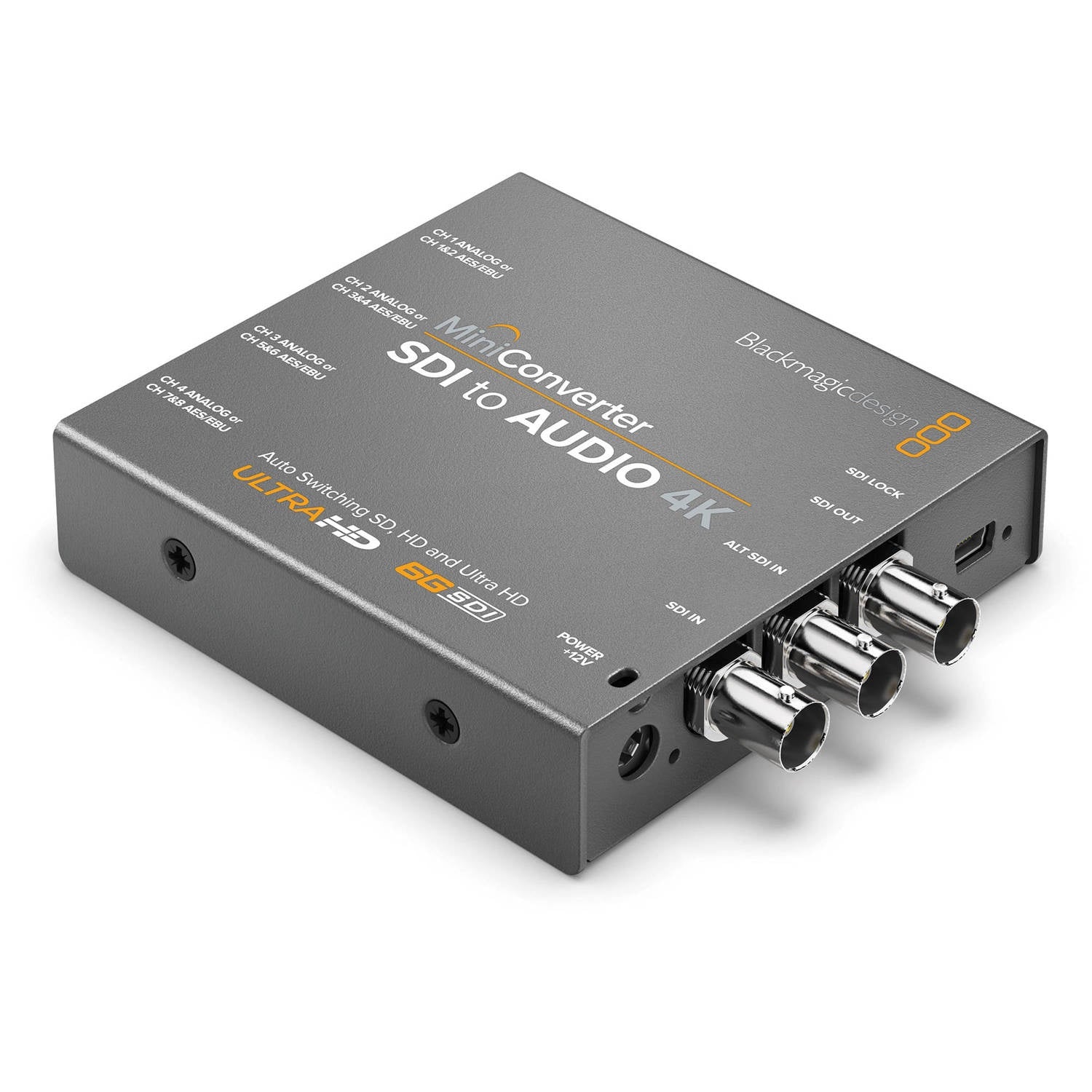 Blackmagic Design Mini Converter SDI to Audio 4K angled view showing three BNC connectors and power port