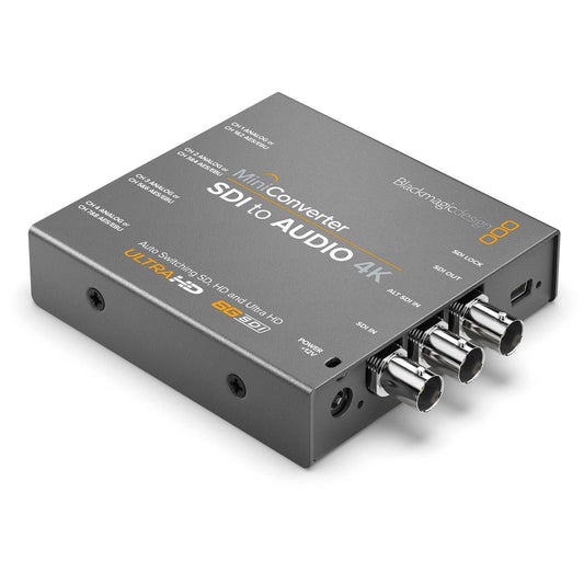 Blackmagic Design Mini Converter SDI to Audio 4K angled view showing three BNC connectors and power port