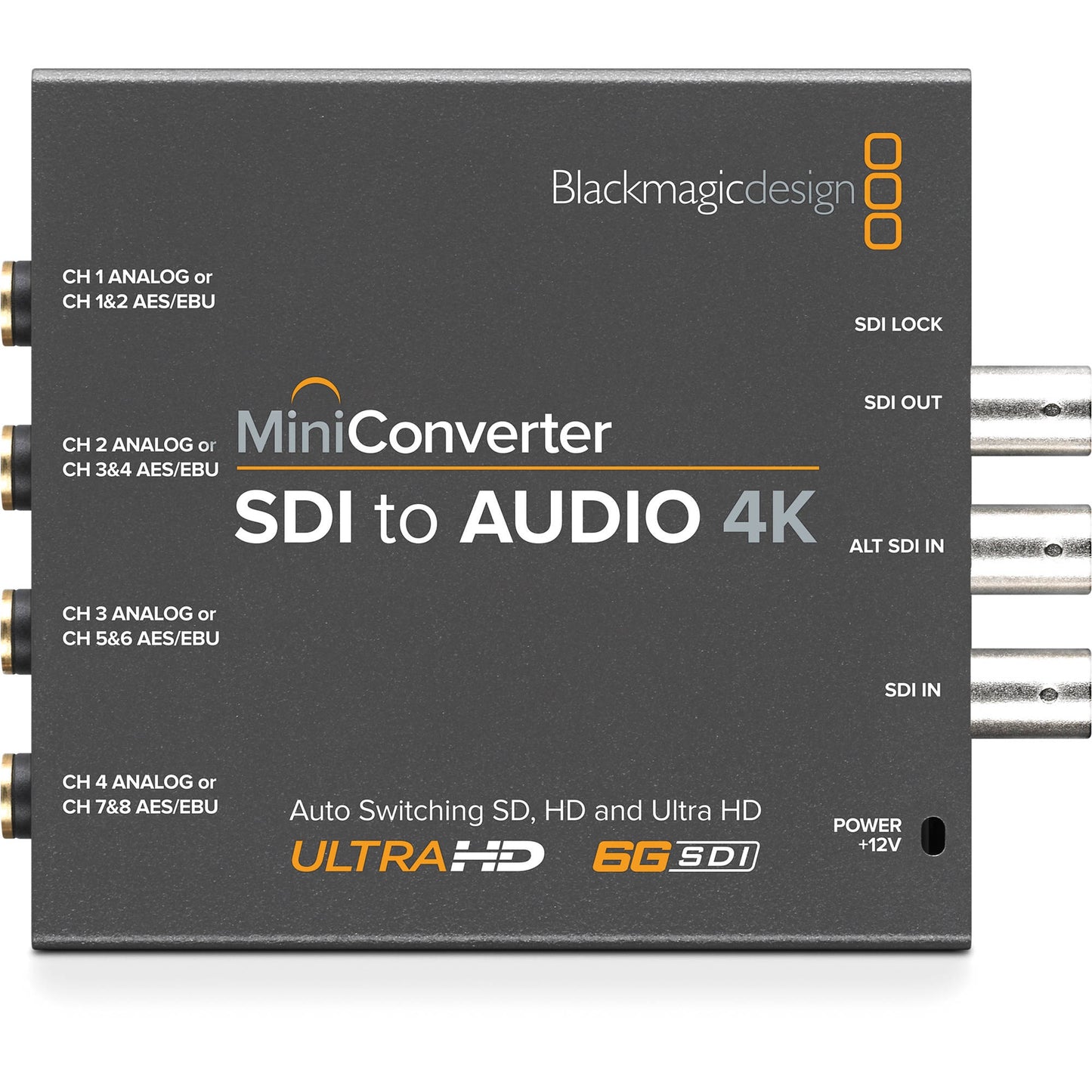Blackmagic Design Mini Converter SDI to Audio 4K top view with labeled analog and AES/EBU channel outputs