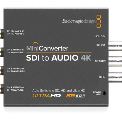 Blackmagic Design Mini Converter SDI to Audio 4K top view with labeled analog and AES/EBU channel outputs