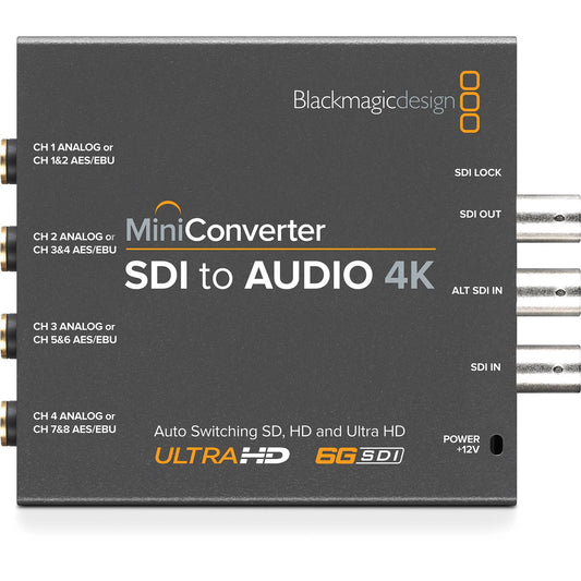 Blackmagic Design Mini Converter SDI to Audio 4K top view with labeled analog and AES/EBU channel outputs
