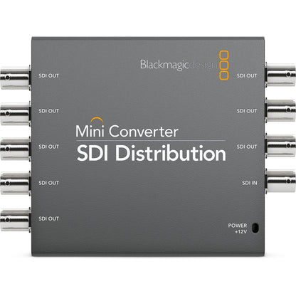 Blackmagic Design Mini Converter SDI Distribution top panel with labeled SDI IN, SDI OUT and power port