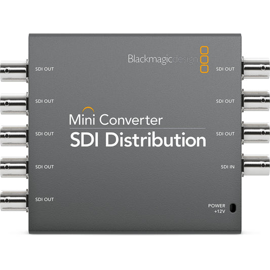 Blackmagic Design Mini Converter SDI Distribution top panel with labeled SDI IN, SDI OUT and power port