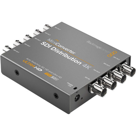 Blackmagic Design Mini Converter SDI Distribution 4K angled view showing BNC connectors and power jack