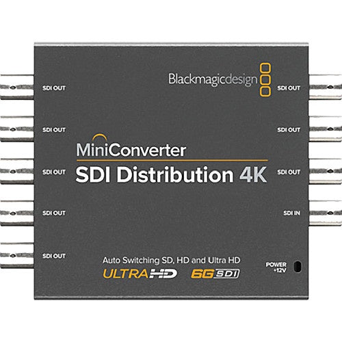 Blackmagic Design Mini Converter SDI Distribution 4K top view with labeled SDI OUT and SDI IN BNC ports