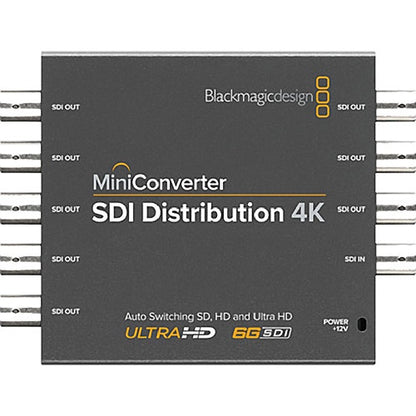 Blackmagic Design Mini Converter SDI Distribution 4K top view with labeled SDI OUT and SDI IN BNC ports