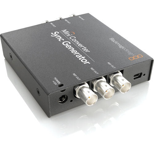 Blackmagic Design Mini Converter Sync Generator angled view showing BNC reference outputs and power jack