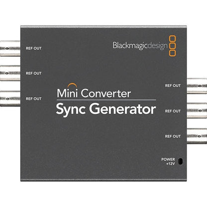Blackmagic Design Mini Converter Sync Generator top view with labeled REF OUT BNC ports and power input