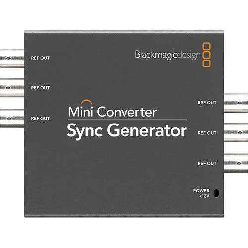 Blackmagic Design Mini Converter Sync Generator top view with labeled REF OUT BNC ports and power input