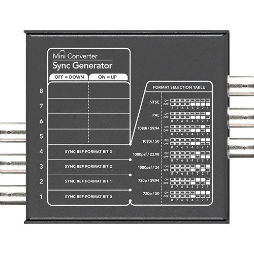 Blackmagic Design Mini Converter Sync Generator underside label with switch settings and format selection table