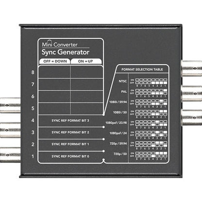 Blackmagic Design Mini Converter Sync Generator underside label with switch settings and format selection table