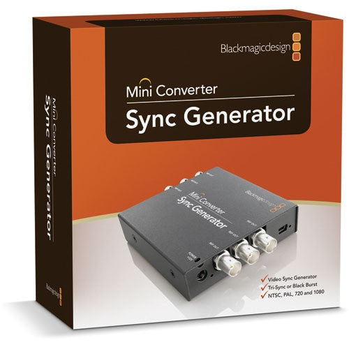 Blackmagic Design Mini Converter Sync Generator retail box packaging with product photo on front