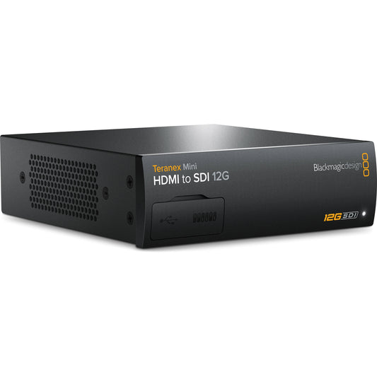 Blackmagic Design Teranex Mini HDMI to SDI 12G converter angled front view with USB port and vented side