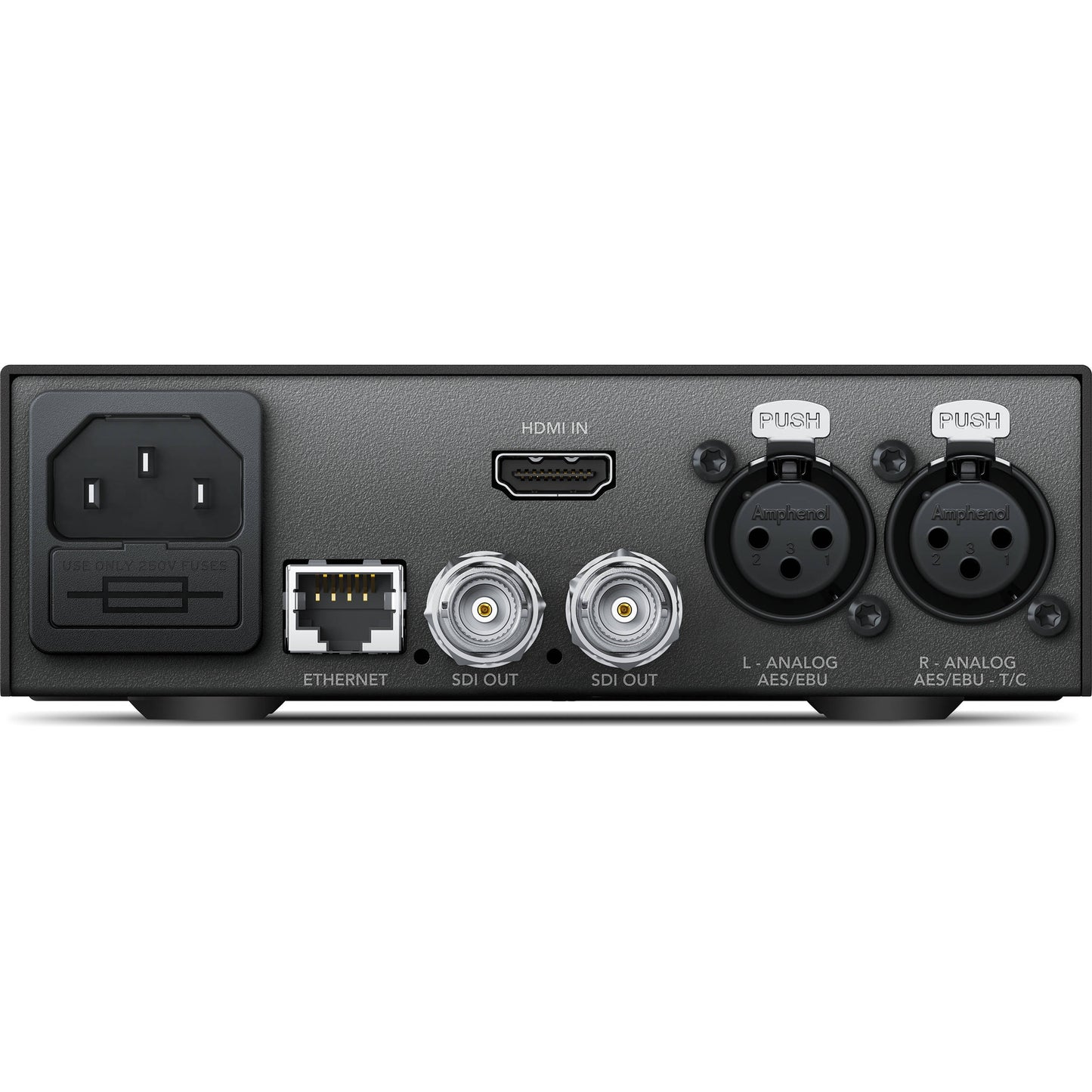Teranex Mini HDMI to SDI 12G rear panel with HDMI in, two SDI out BNCs, Ethernet, XLR audio and IEC power