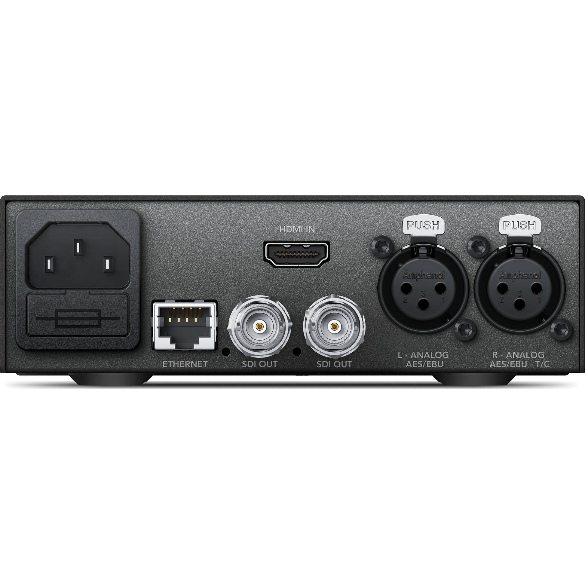 Teranex Mini HDMI to SDI 12G rear panel with HDMI in, two SDI out BNCs, Ethernet, XLR audio and IEC power