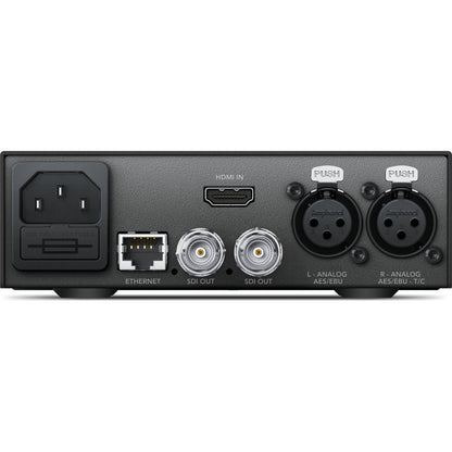 Teranex Mini HDMI to SDI 12G rear panel with HDMI in, two SDI out BNCs, Ethernet, XLR audio and IEC power