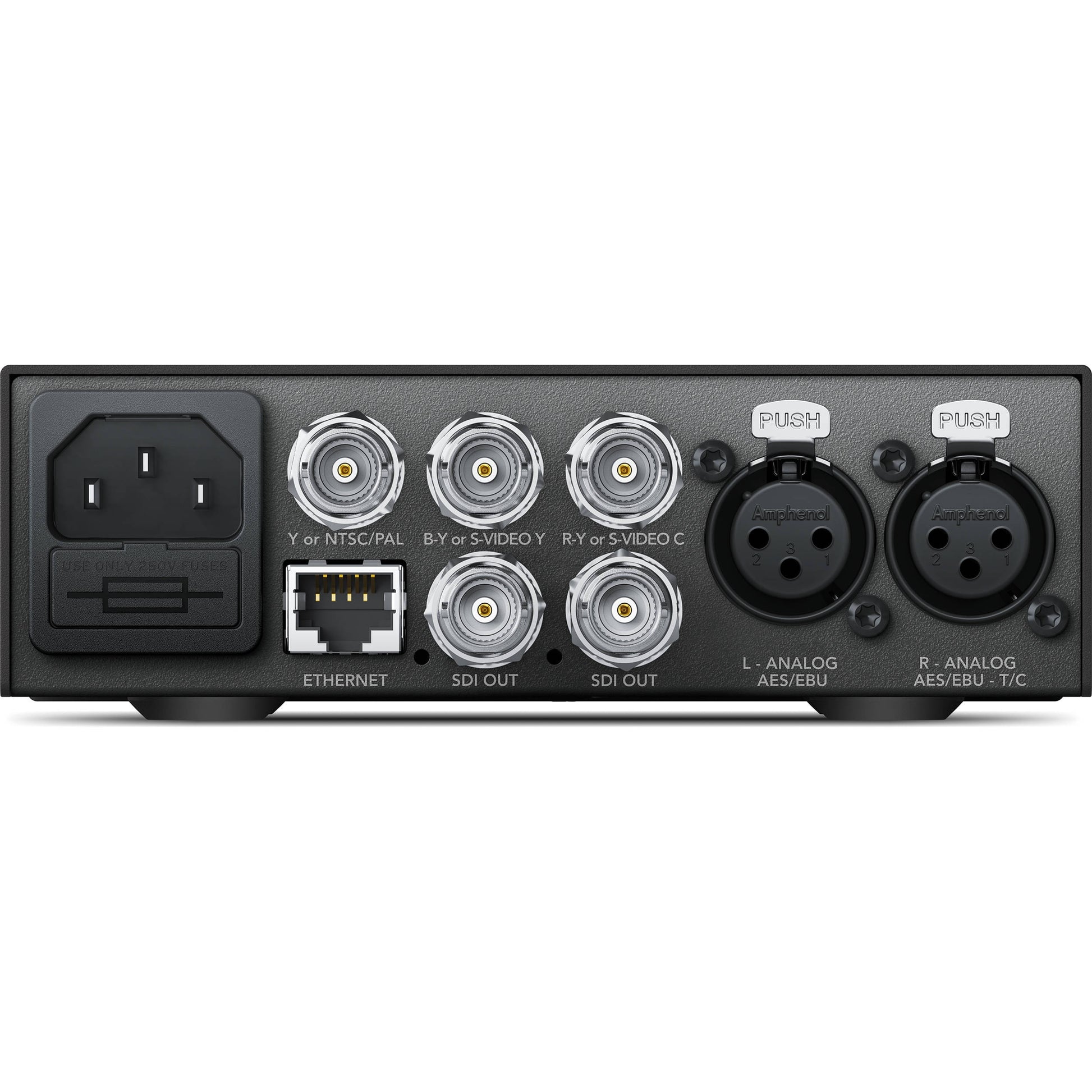 Teranex Mini Analog to SDI 12G rear panel with BNC component and SDI out jacks, Ethernet, and XLR analog inputs