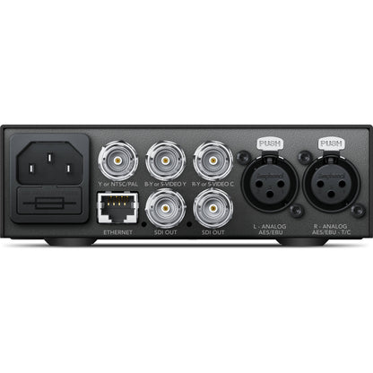 Teranex Mini Analog to SDI 12G rear panel with BNC component and SDI out jacks, Ethernet, and XLR analog inputs