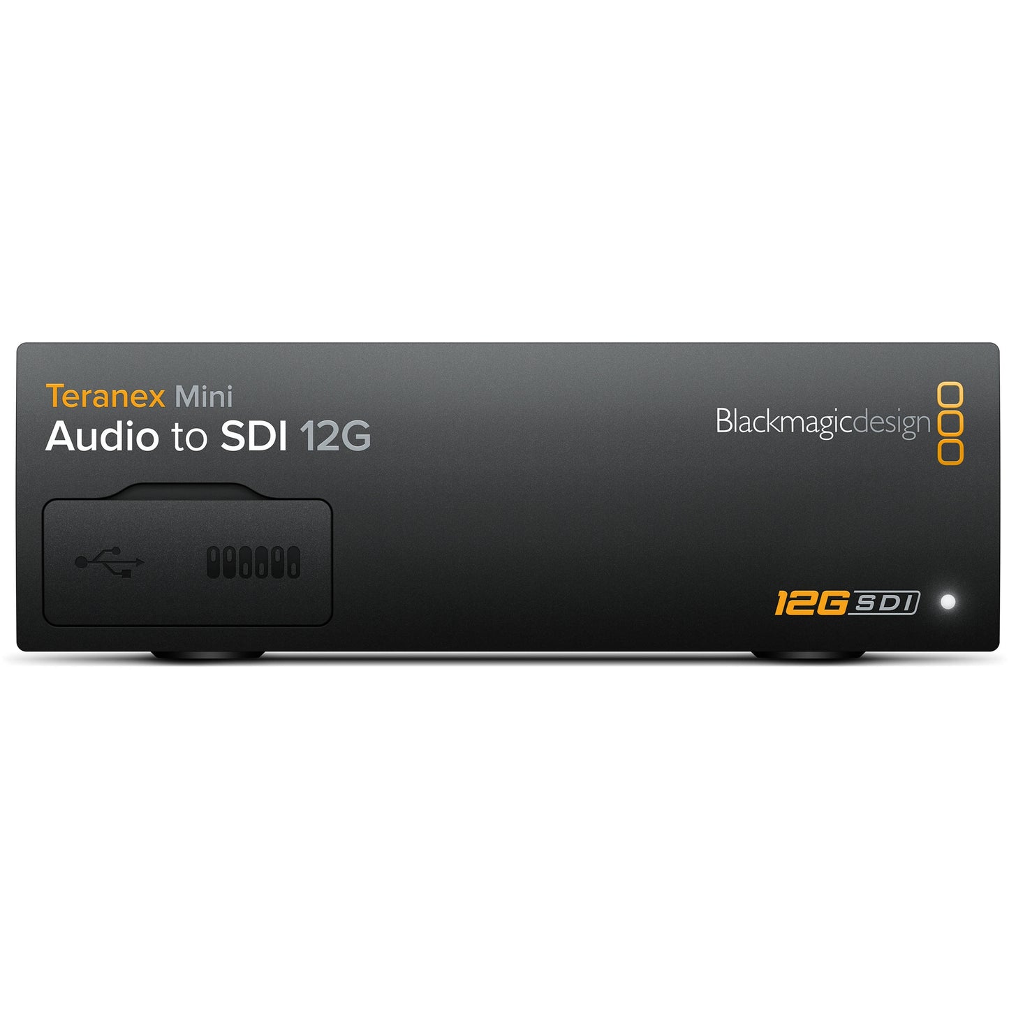 Blackmagic Design Teranex Mini Audio to SDI 12G front panel with USB port cover and status indicator
