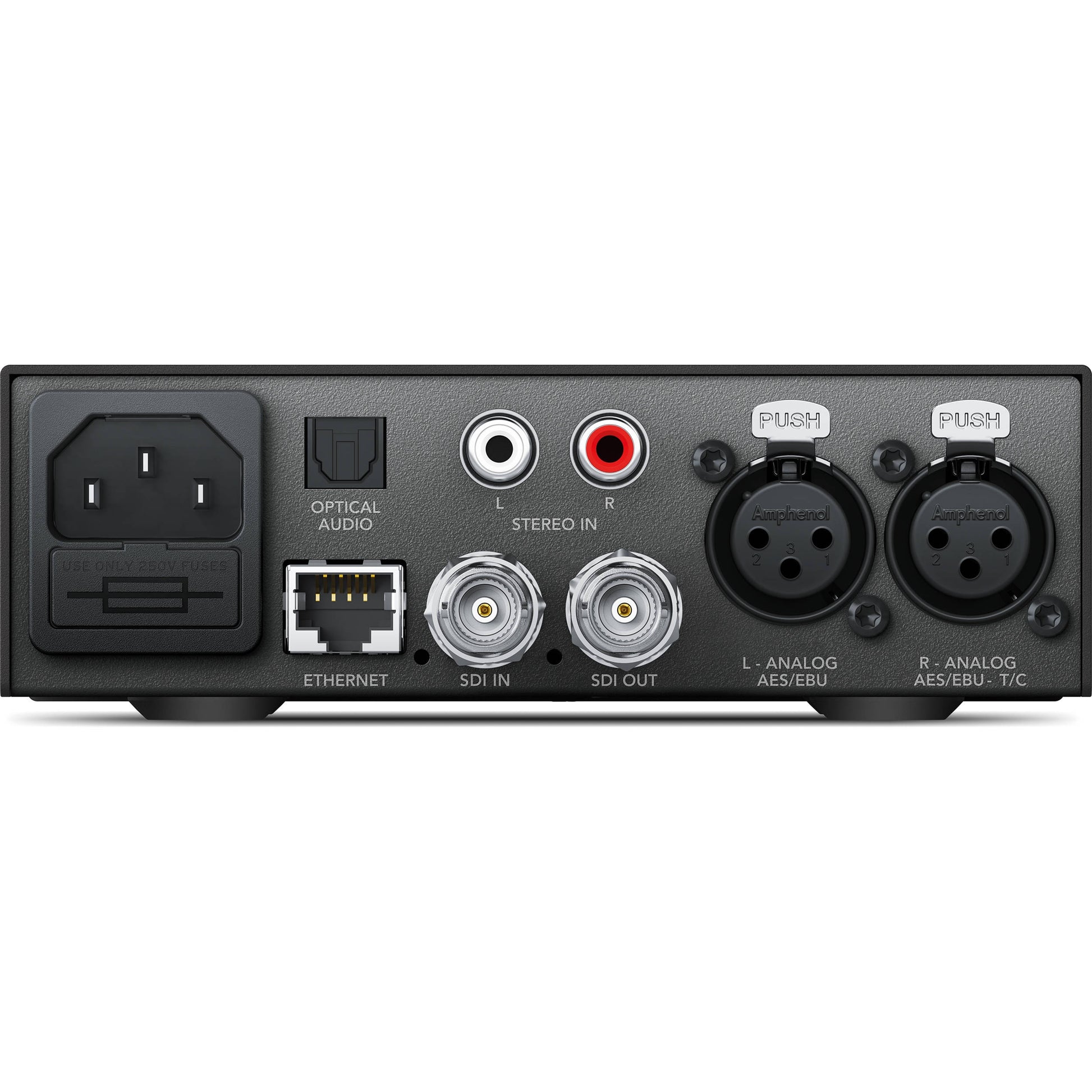 Teranex Mini Audio to SDI 12G rear panel with XLR, RCA, optical audio, SDI in and out, and Ethernet