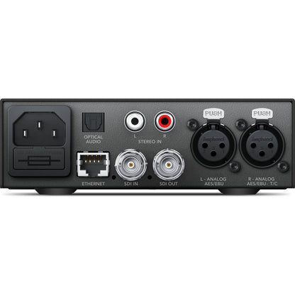 Teranex Mini Audio to SDI 12G rear panel with XLR, RCA, optical audio, SDI in and out, and Ethernet