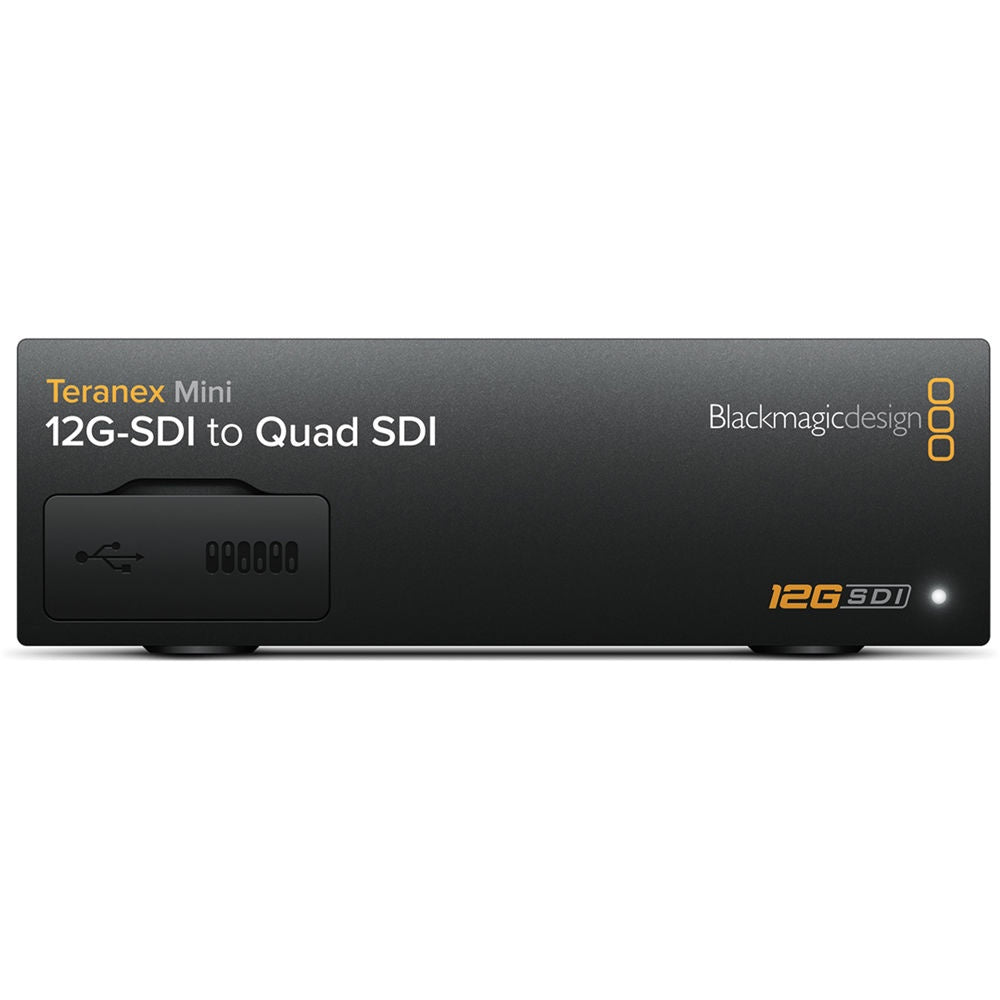 Blackmagic Design Teranex Mini 12G-SDI to Quad SDI front panel with USB port and 12G SDI status LED