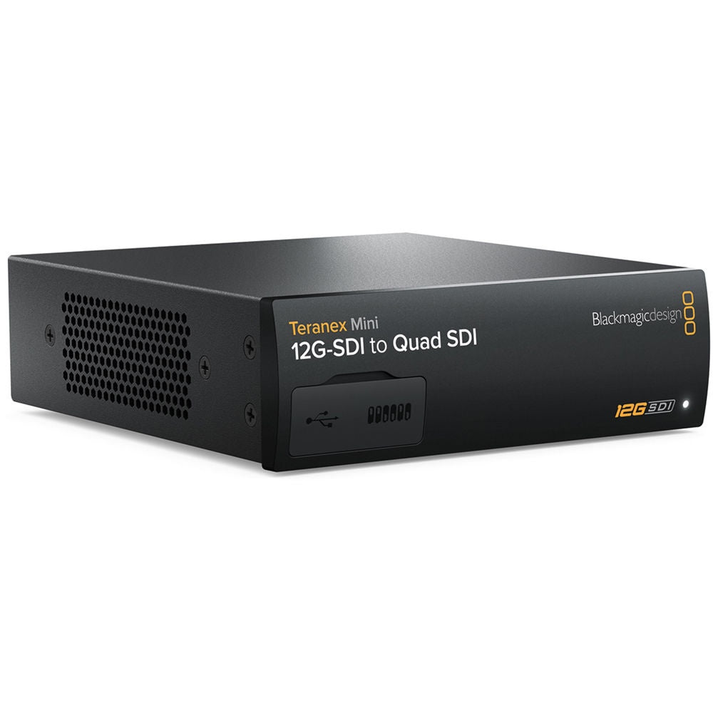 Blackmagic Design Teranex Mini 12G-SDI to Quad SDI converter angled view showing vented side and front USB port