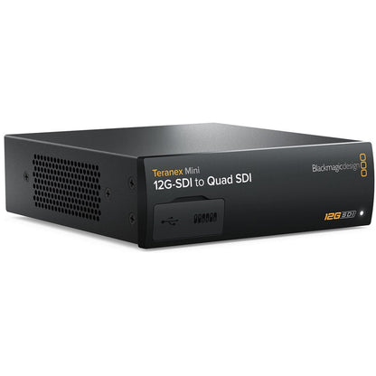Blackmagic Design Teranex Mini 12G-SDI to Quad SDI converter angled view showing vented side and front USB port