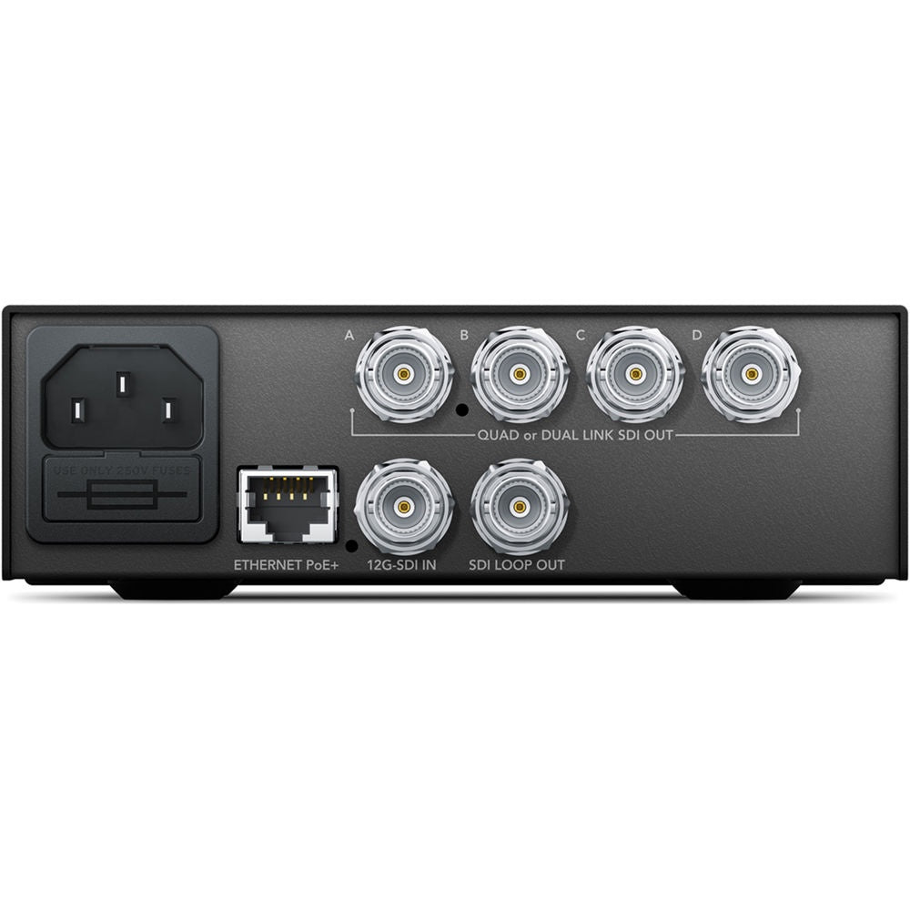 Teranex Mini 12G-SDI to Quad SDI rear panel with BNC outputs A-D, SDI in, loop out, Ethernet PoE+ and IEC inlet