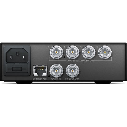 Teranex Mini 12G-SDI to Quad SDI rear panel with BNC outputs A-D, SDI in, loop out, Ethernet PoE+ and IEC inlet