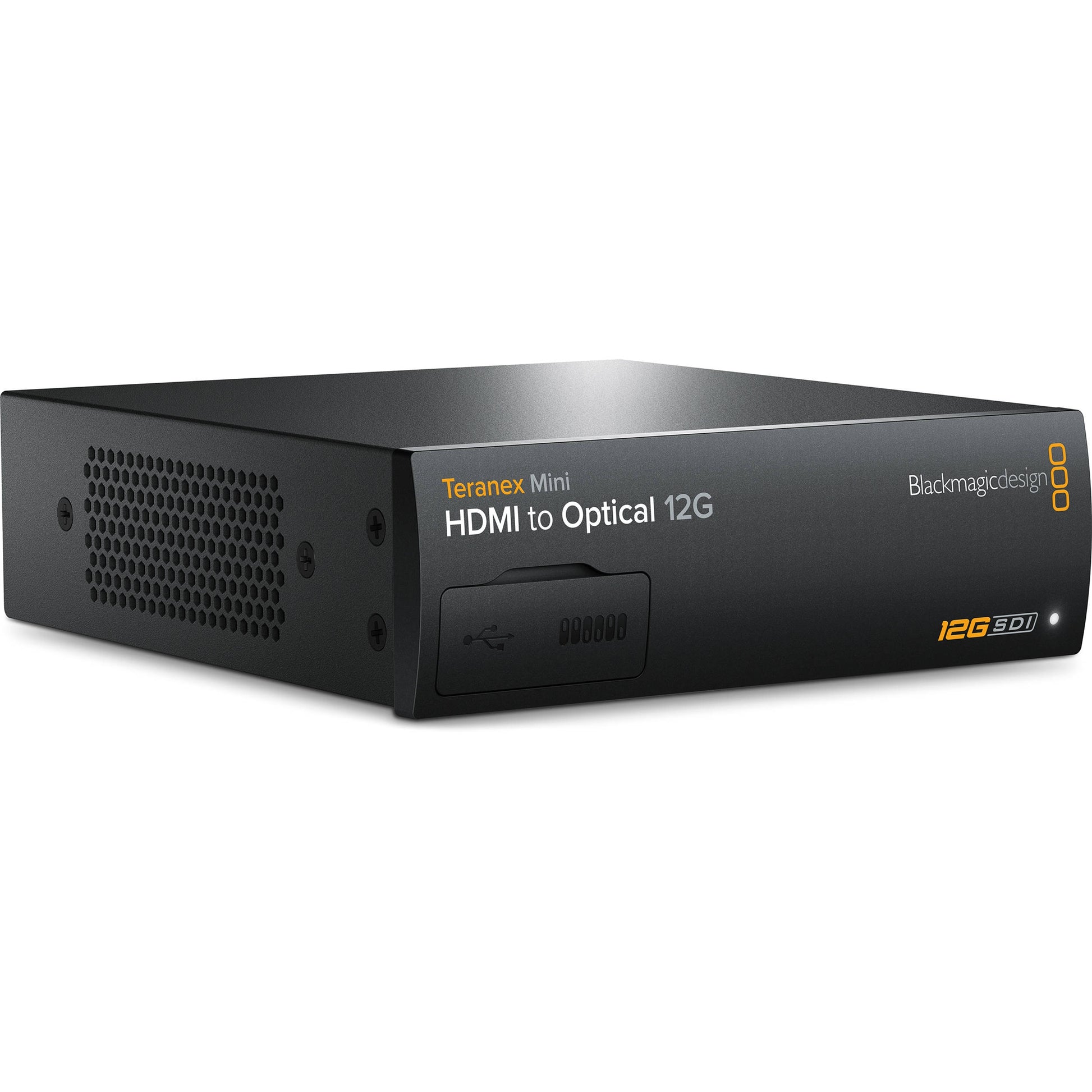 Blackmagic Design Teranex Mini HDMI to Optical 12G converter angled view showing vented side panel